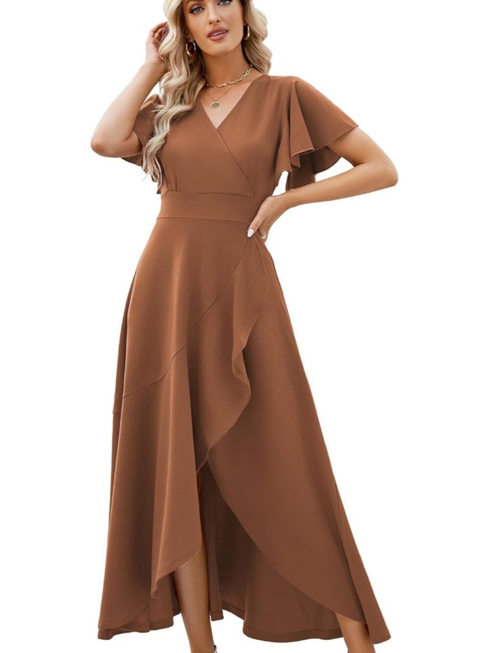 Women's Coffee Gowns Evening V Neck Ruffle Skirts Maxi Wedding Guest Dresses